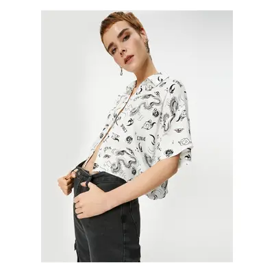 Koton Comfortable Fit Crop Shirt Dragon Printed Viscose Fabric Short Sleeve