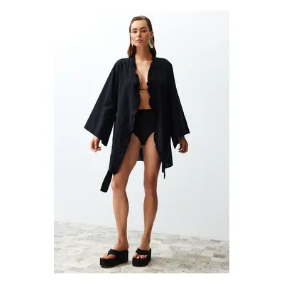 Trendyol Black Belted Mini Woven Ruffle 100% Cotton Kimono&Kaftan