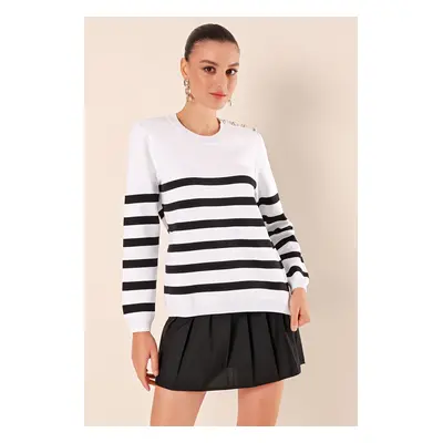 Bigdart Button Detail Striped Sweater - C. Black