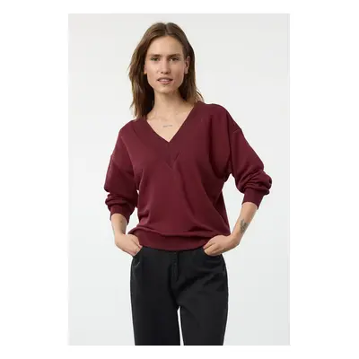 Trendyol Burgundy Oversize/Wide Fit Thick V-neck Knitted Sweatshirt