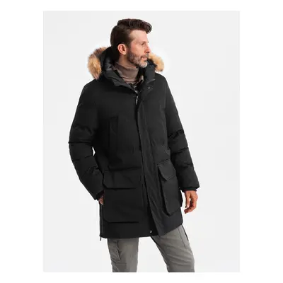 Ombre Men's insulated long parka jacket with flared bottom - black