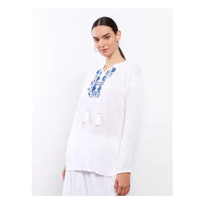 LC Waikiki Women's Tie Collar Embroidered Long Sleeve Viscose Blouse