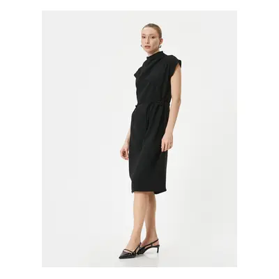 Koton Midi Dress Draped High Collar Short Sleeve Tie Waist