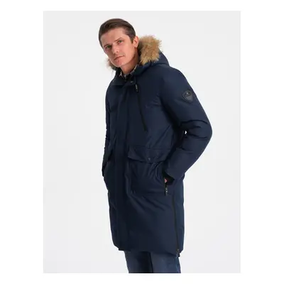 Ombre Alaskan men's winter jacket with detachable fur from the hood - navy blue