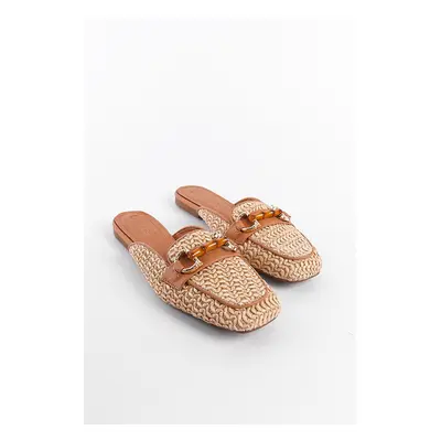 Capone Outfitters Straw Buckle Genuine Leather Women's Short Heeled Closed Women's Slippers