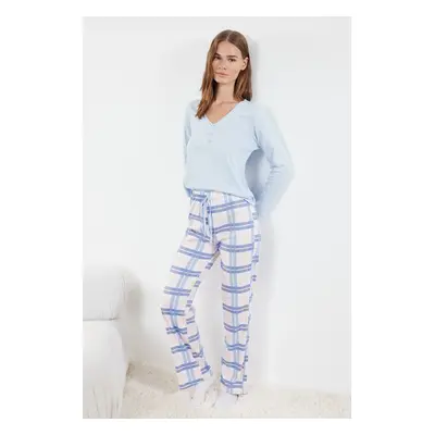 Trendyol Blue 100% Cotton Plaid Tie and Button Detailed Knitted Pajama Set