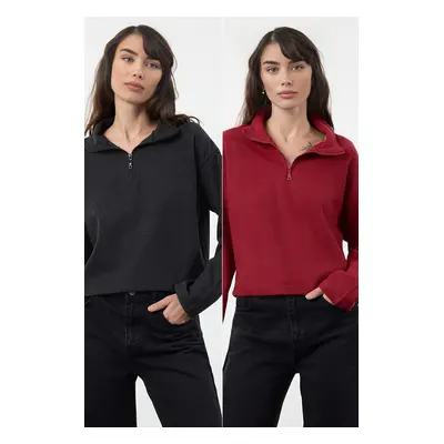 Trendyol Claret Red-Anthracite 2-Pack Thessaloniki Regular Pattern Zippered Collar Knitted Sweat