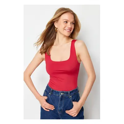 Trendyol Red Fitted Back Detailed Square Collar Stretchy Knitted Bodysuit