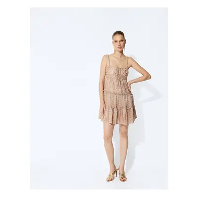 Koton Mini Dress Polka Dot Rope Strap Pleated Metallic Look Layered Flounce