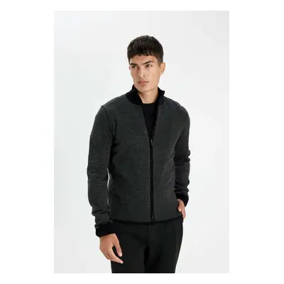 DEFACTO Black Standard Fit Regular Cut Stand Collar Zippered Knitwear Cardigan