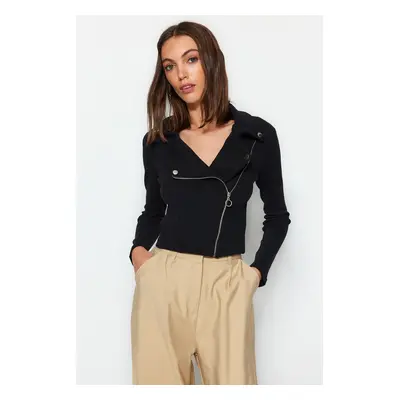 Trendyol Black Ribbed Zipper Detail Fitted/Sleeping Crop Stretch Knit Jacket