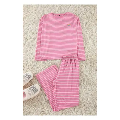 Trendyol Pink Striped Rainbow Printed Viscose Knitted Pajama Set