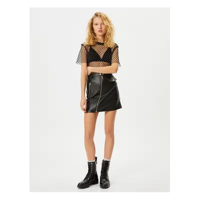 Koton Mini Faux Leather Skirt with Zipper, Slim Fit and Pocket Detail