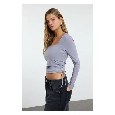 Trendyol Gray Square Neck Gather Detailed Fitted Crop Stretchy Knitted Knitted Blouse