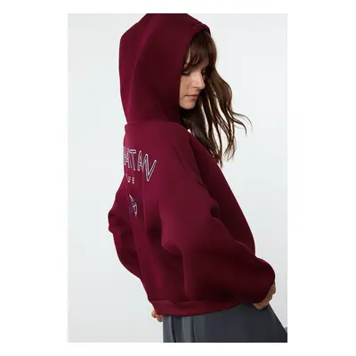 Trendyol Claret Red Back Print Detailed Hooded Thick Inside Fleece Knitted Sweatshirt