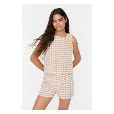 Trendyol Beige Gingham Back Detailed See-through Fabric Woven Pajamas Set