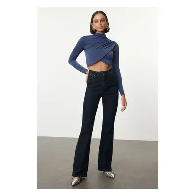 Trendyol Indigo High Collar Draped Crop Blouse