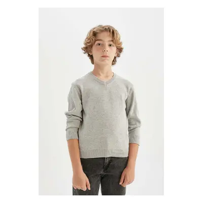 DEFACTO Boy Gray V Neck Basic Plain Knitwear School Sweater