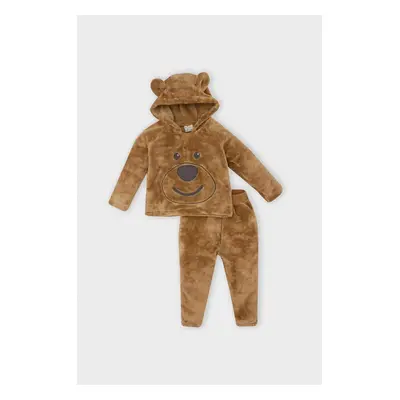 DEFACTO Baby Boy 2-Piece Set Teddy Bear Embroidered Plush Fabric Hooded Sweatshirt Top and Elast