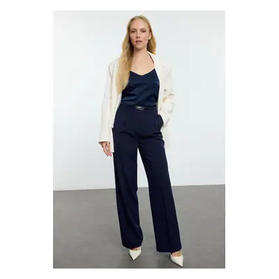 Trendyol Navy Blue Belt Detailed Wide Leg Fabric Trousers