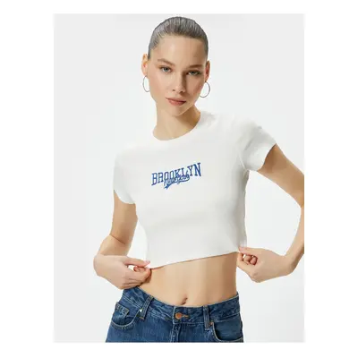 Koton Embroidered Crop T-Shirt Short Sleeve Crew Neck