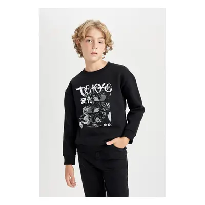 DEFACTO Boy Black Oversize Wide Pattern Crew Neck Printed Sweatshirt