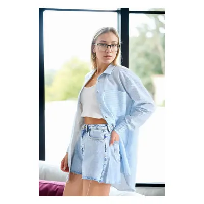 49999 Dewberry Blue Wrinkled Detailed Striped Women Shirt-LIGHT BLUE