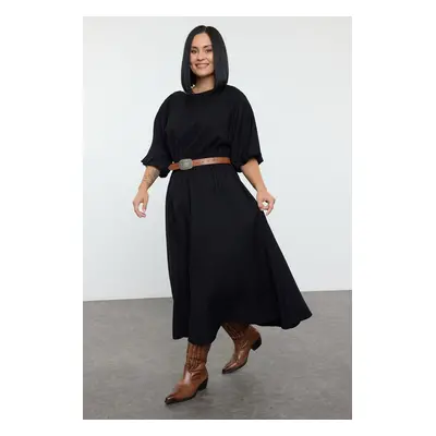 Trendyol Curve Black Textured Balloon Sleeve Midi Woven Plus Size Dress