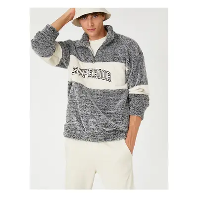 Koton High Neck Sweatshirt Motto Printed Color Block