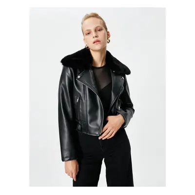 Koton Biker Jacket Faux Leather Zippered Faux Für Detailed