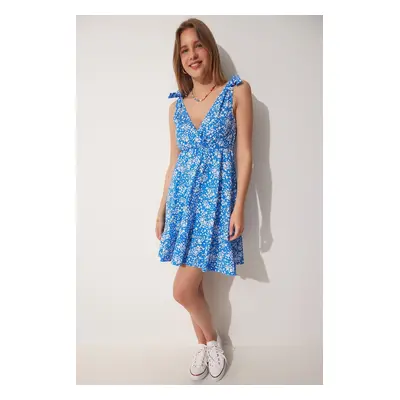 Happiness İstanbul Women's Blue Summer Floral Viscose Dress