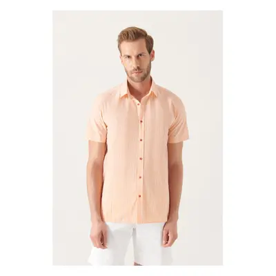 Avva Men's Orange Wrinkled Short Sleeve Shirt