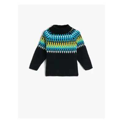 Koton Sweater Knitted Stand Collar Long Sleeve Ethnic Patterned