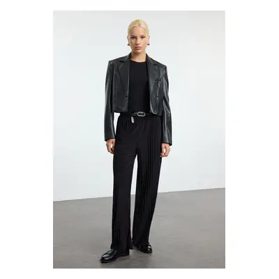 Trendyol Black Straight Pleated Flexible Knitted Trousers