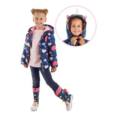 Denokids Unicorn Girl's Water Repellent Hooded Navy Blue Coat