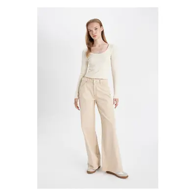 DEFACTO Gabardine Beige Trousers Wide Leg Wide Leg Regular Waist Plain Basic