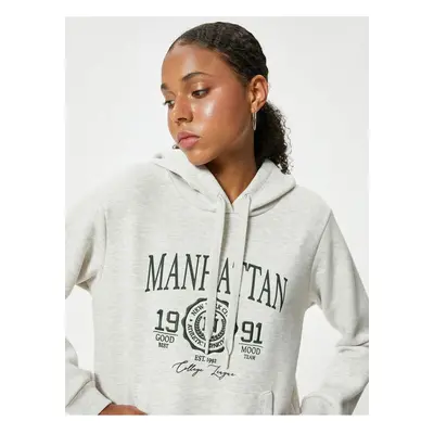 Koton Oversize Sweatshirt Hooded College Printed Kangaroo Pocket Ribbon