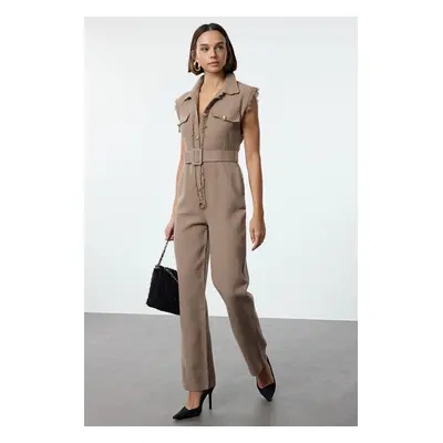 Trendyol Beige Belted Shirt Collar Button Detailed Tweed Woven Overalls