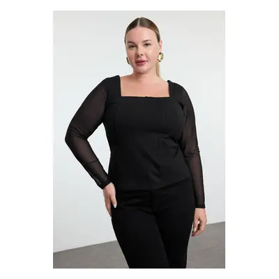 Trendyol Curve Black Bodycone Tulle Detailed Knitted Chic Blouse