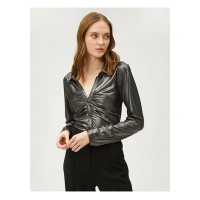 Koton Silvery Metallic Shirt Draped Buttoned Long Sleeve