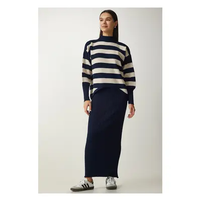 Happiness İstanbul Women's Navy Blue Striped Sweater Dress Knitwear Suit