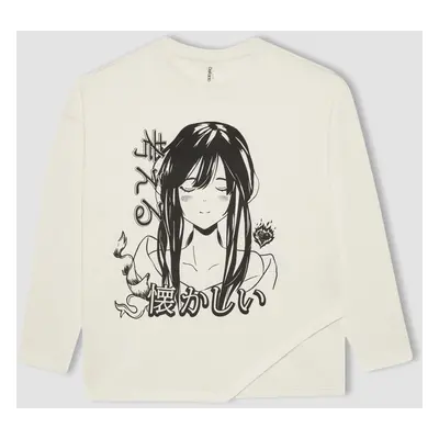 DEFACTO Girl's Oversize Wide Pattern Crew Neck Printed Long Sleeve T-Shirt