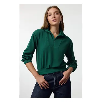 Trendyol Emerald Green Stand Collar Zippered Crop Knit Sweatshirt