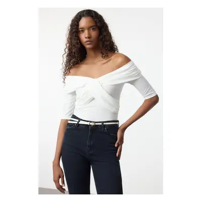 Trendyol Ecru Carmen Collar Double Breasted Closure Three Quarter Sleeve Fitted/Body-Sit Knitted