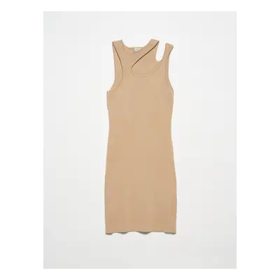 Dilvin Crew Neck Decollete Left Shoulder Knitwear Dress-Beige