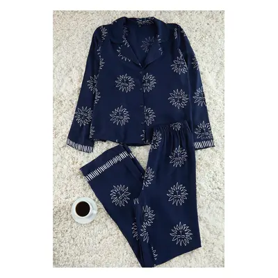 Trendyol Navy Blue Sun Patterned Viscose Woven Pajama Set