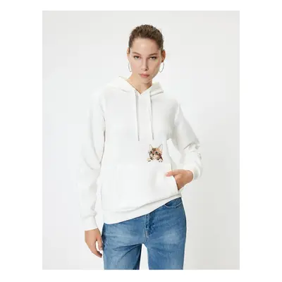 Koton Oversize Hooded Sweatshirt with Pocket Detail and Cat Embroidery