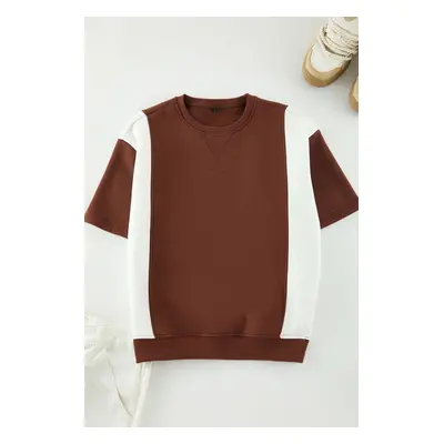 Trendyol Brown-Ecru Oversize/Wide Cut Color Blocked Thick T-shirt with Inside Raised Hem