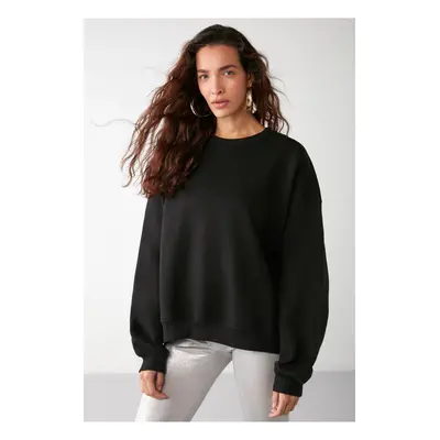 GRIMELANGE Vaneltina Women's Polar Fleece Thread Organic Cotton Oversize Basic Crew Neck Black S