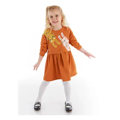 Denokids Orange Leopard Elastic Waist Long Sleeve Girl's Dress